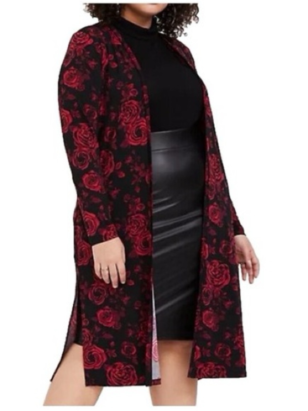 torrid Long Open-Front Rose Print Cardigan - Red/Black